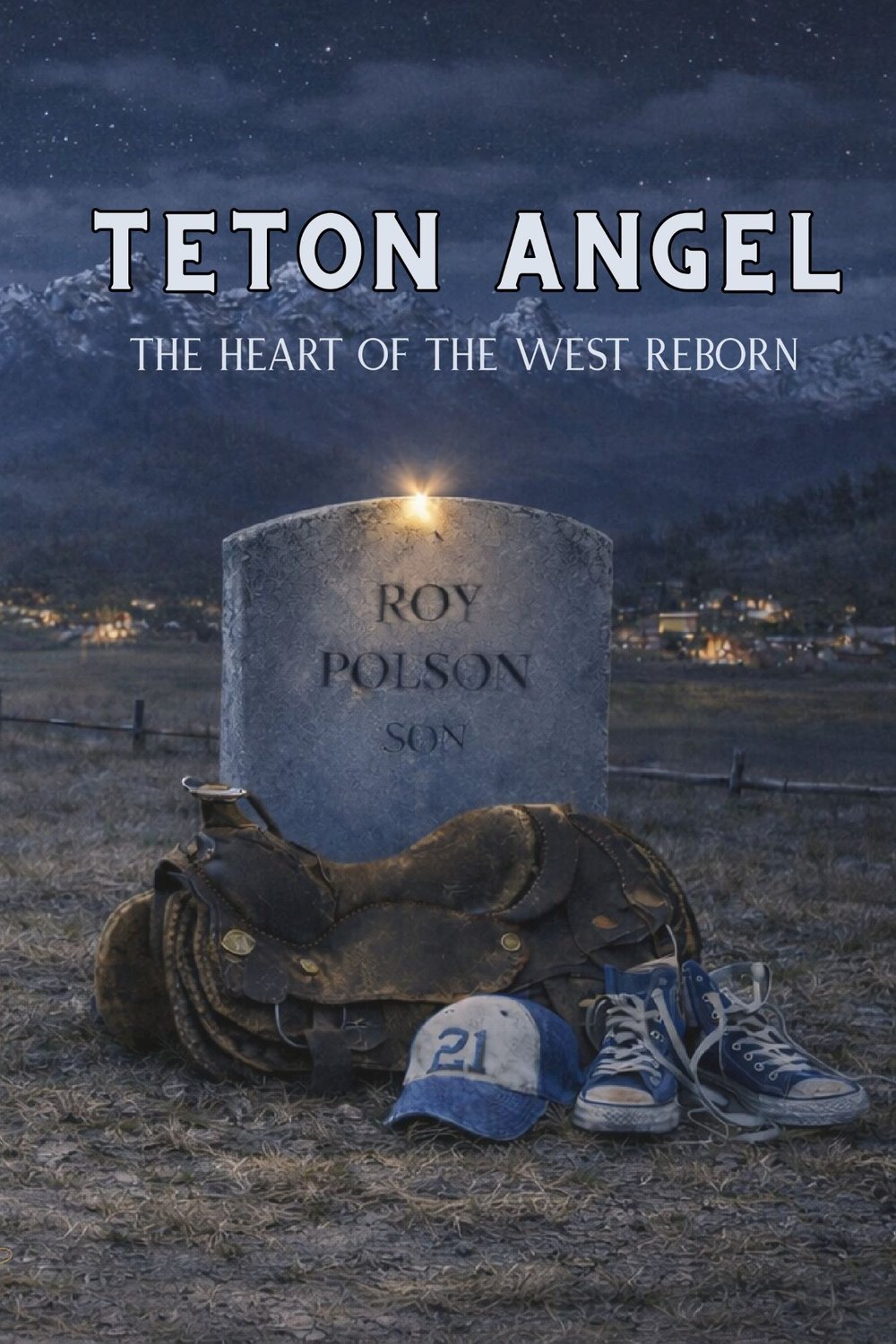 Teton Angel book cover: a headstone reading Roy Polson, Son, with a saddle, a number 21 ball cap and high-top sneakers at its foot