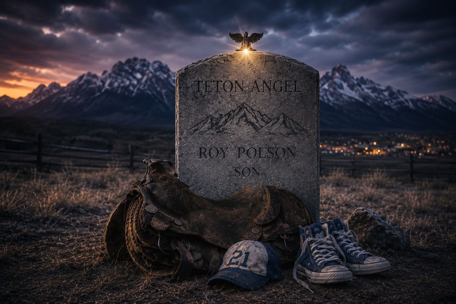 A headstone reading Roy Polson, Son, with a carved saddle, a number 21 ball cap and high-top sneakers at its foot, under a twilight sky over the Tetons
