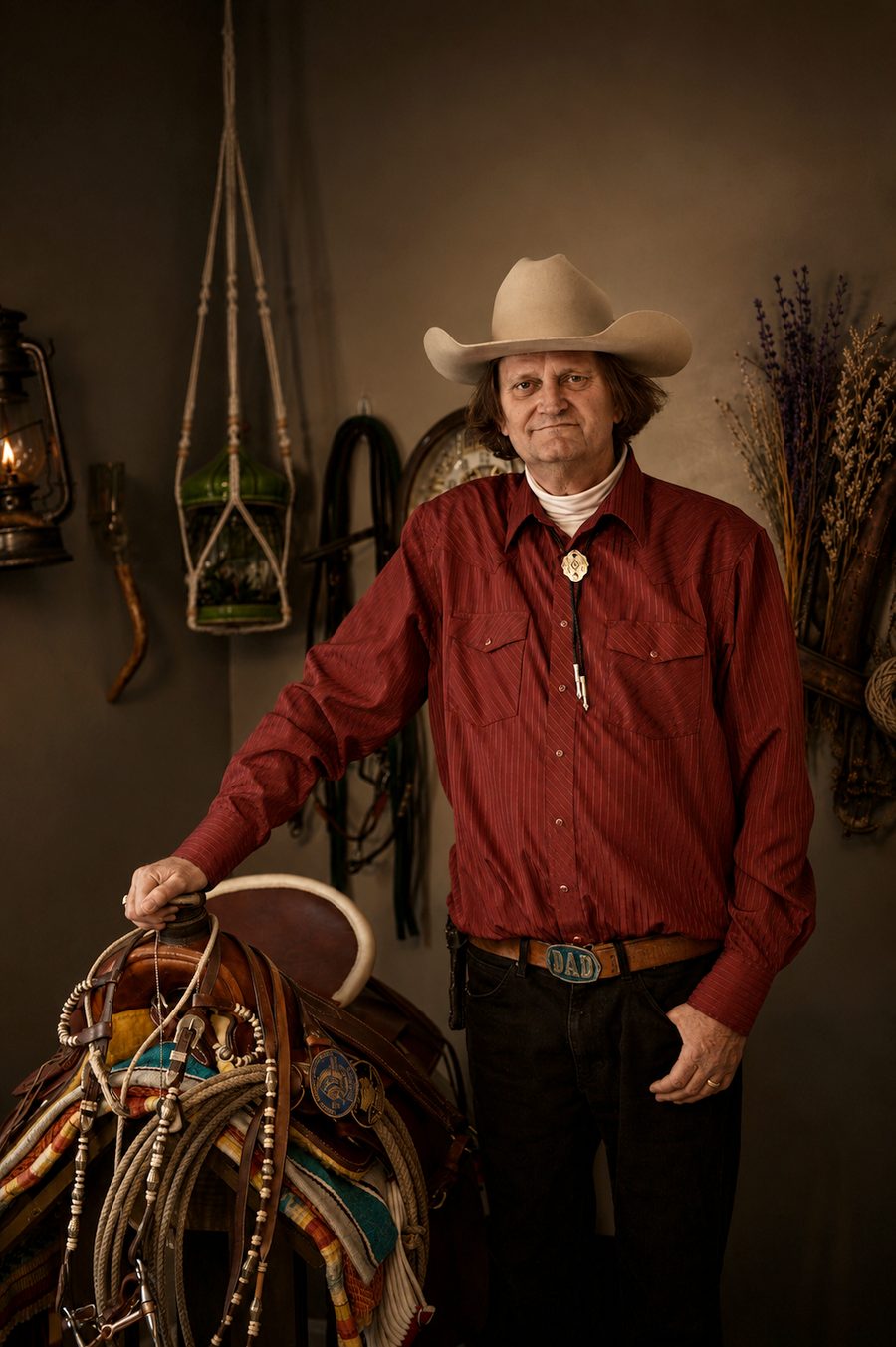 Author Roland Hunter in a red western shirt and cowboy hat, beside a saddle and lariats
