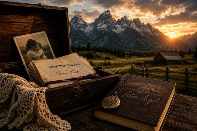 An open wooden chest holding old papers and a photograph beside a leather journal stamped Teton Angel, mountains at sunset behind