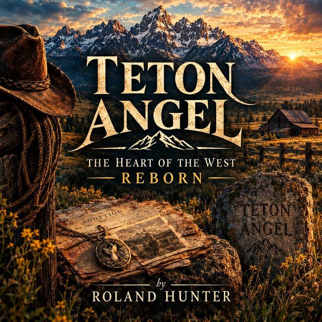 Teton Angel title art: the Tetons at sunset over an open journal, lantern and saddle, by Roland Hunter