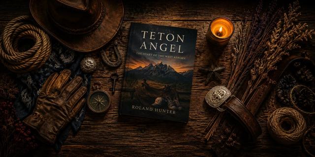 Teton Angel hardcover on a rustic table with a cowboy hat, rope, lantern and compass