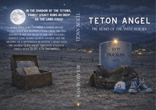The full wraparound cover of Teton Angel: back cover with a cedar chest under a full moon, spine, and front cover with the headstone