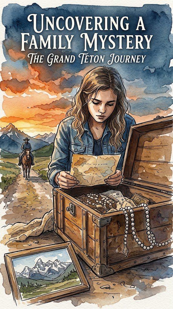 Watercolor-style illustration of Trina Leah reading a map at an open chest on a mountain trail