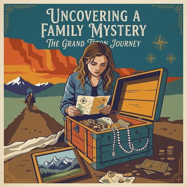 Illustrated poster: Trina Leah reads a map beside an open chest, a rider on the trail behind her, titled Uncovering a Family Mystery: The Grand Teton Journey